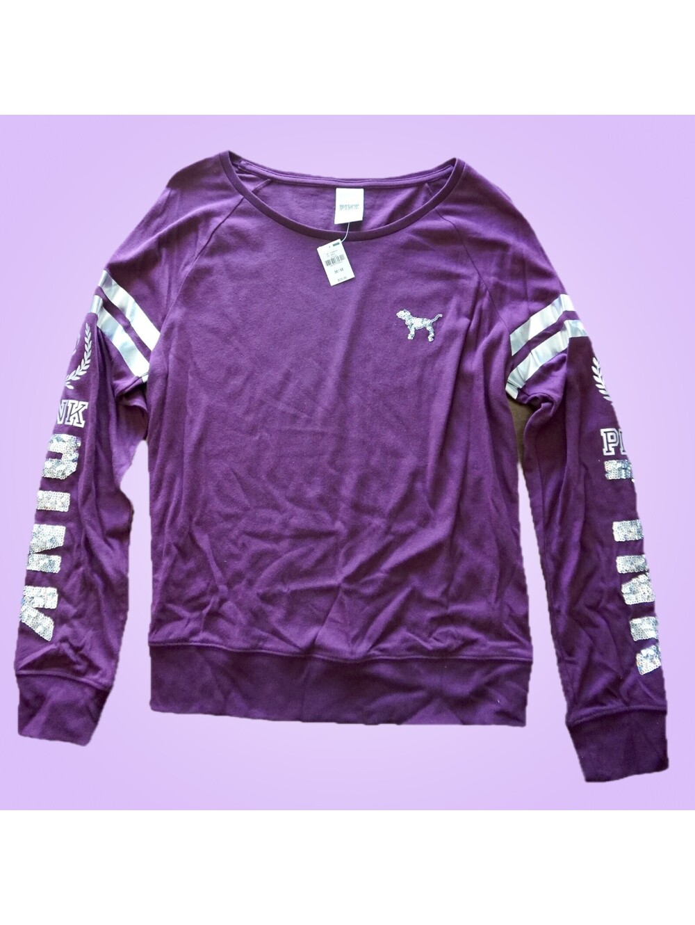 Victoria’s Secret PINK Purple Sequin Logo Long-Sleeve Top NWT Size M